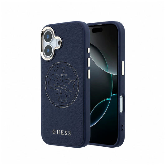 GUESS Funda Efecto Piel Logo Perforado Dorado para iPhone 17 Compatible con MagSafe y Protección Anticaídas, Azul Marino
