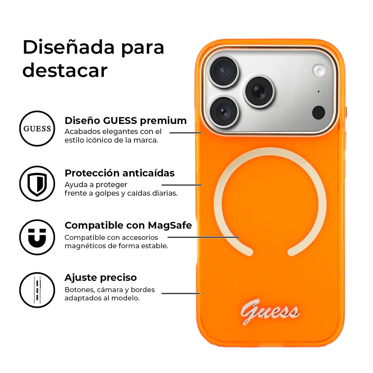 GUESS Funda con Inscripción Metálica para iPhone 17 Pro/18 Pro Compatible con MagSafe, Naranja
