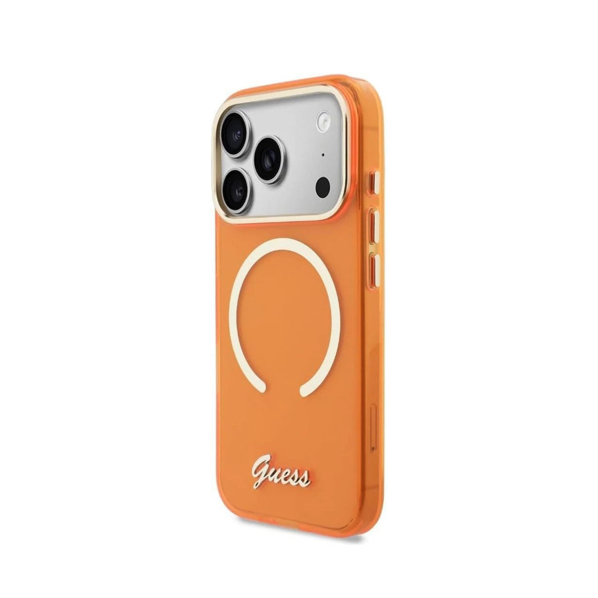 GUESS Funda con Inscripción Metálica para iPhone 17 Pro/18 Pro Compatible con MagSafe, Naranja