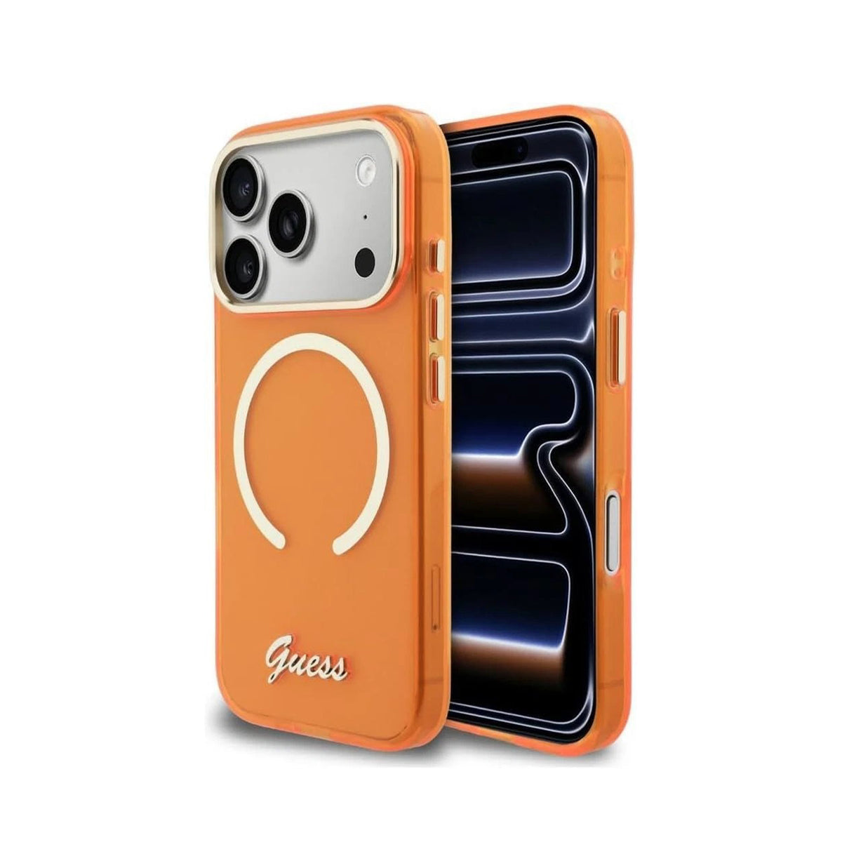 GUESS Funda con Inscripción Metálica para iPhone 17 Pro/18 Pro Compatible con MagSafe, Naranja