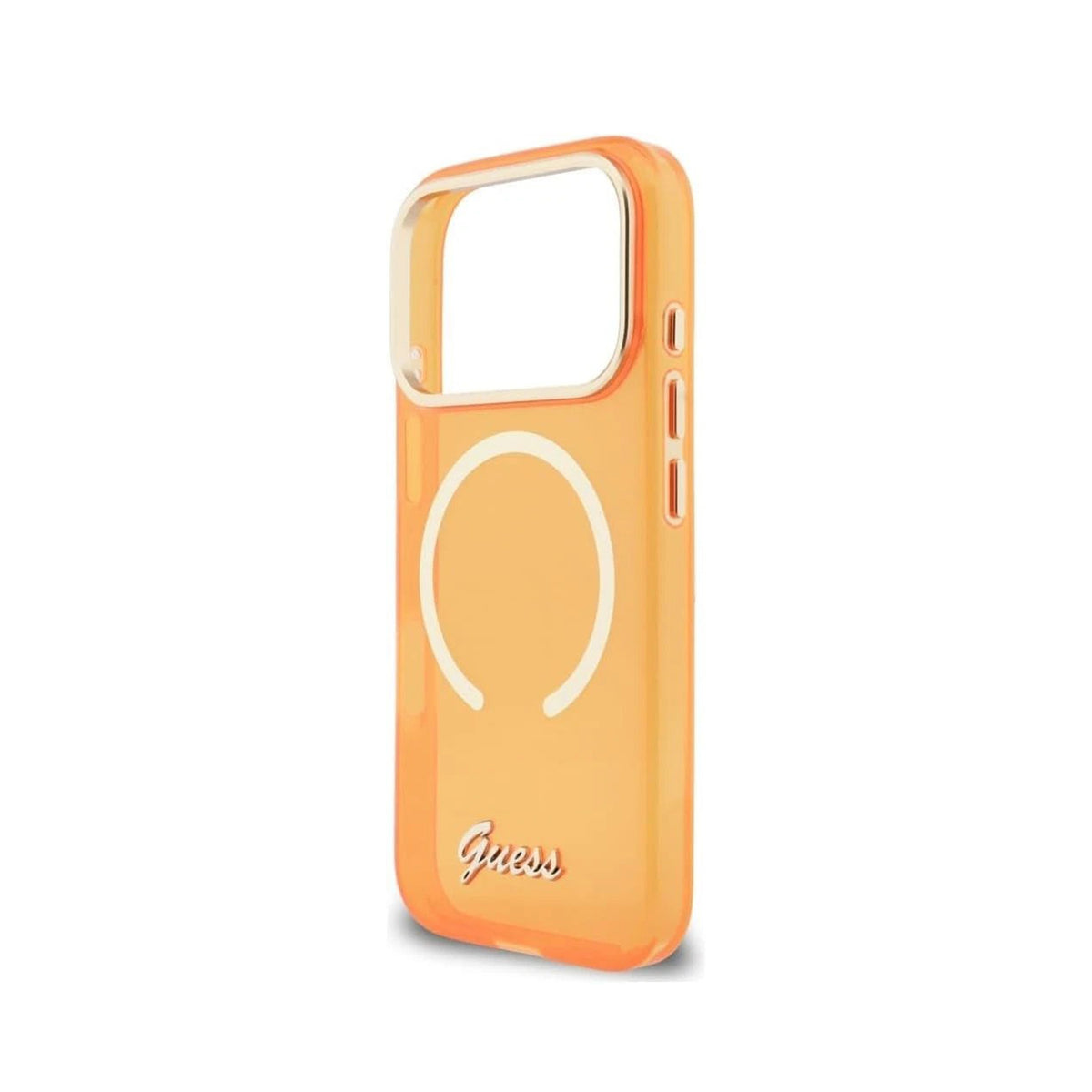 GUESS Funda con Inscripción Metálica para iPhone 17 Pro/18 Pro Compatible con MagSafe, Naranja