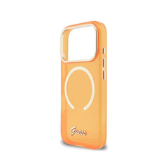 GUESS Funda IML con Inscripción de Metal para iPhone 17 Pro Compatible con MagSafe y Protección Anticaídas, Naranja