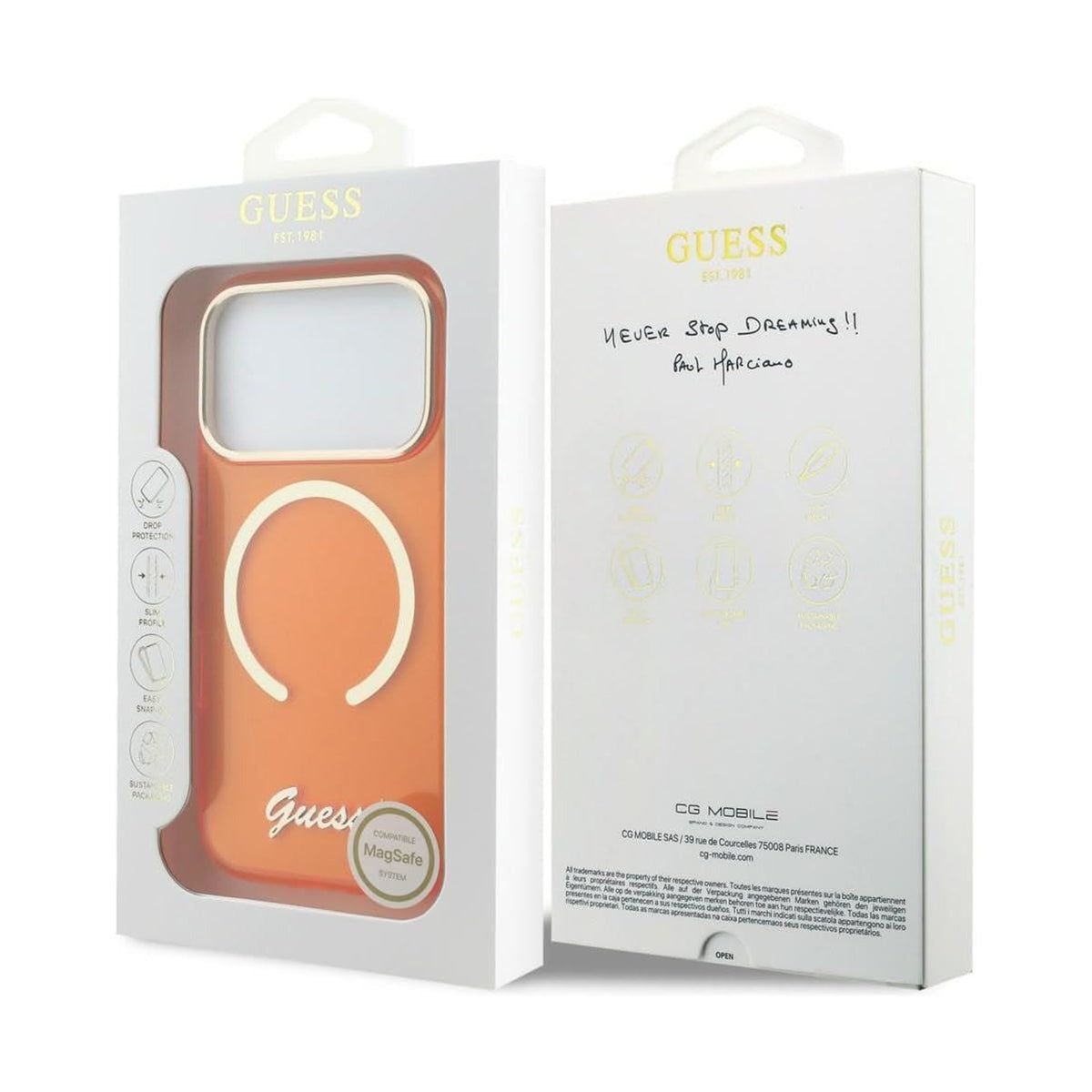 GUESS Funda con Inscripción Metálica para iPhone 17 Pro/18 Pro Compatible con MagSafe, Naranja