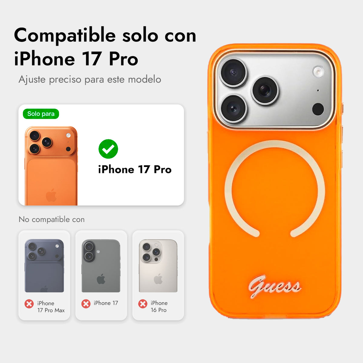 GUESS Funda con Inscripción Metálica para iPhone 17 Pro/18 Pro Compatible con MagSafe, Naranja
