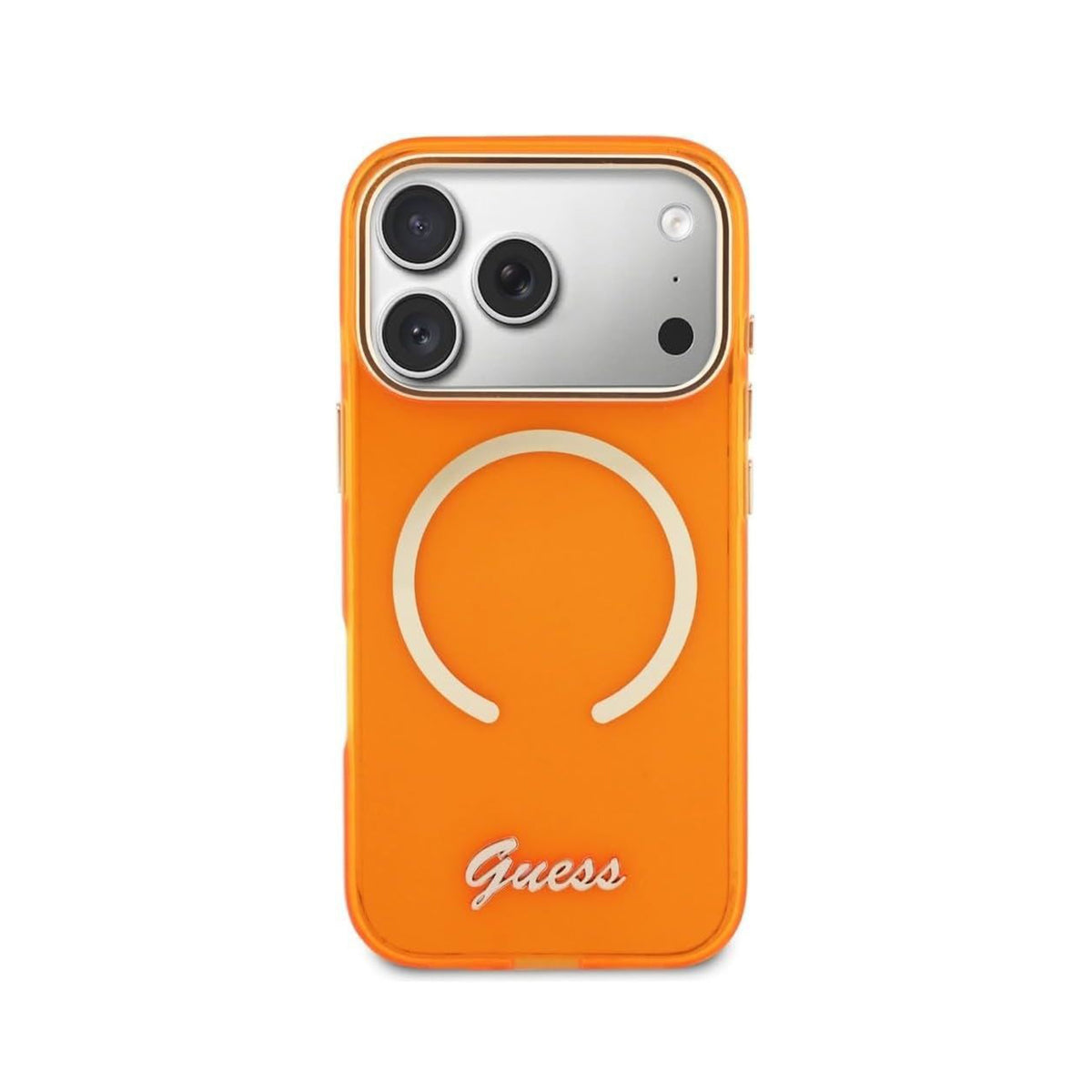 GUESS Funda IML con Inscripción de Metal para iPhone 17 Pro Max/18 Pro Max Compatible con MagSafe y Protección Anticaídas, Naranja