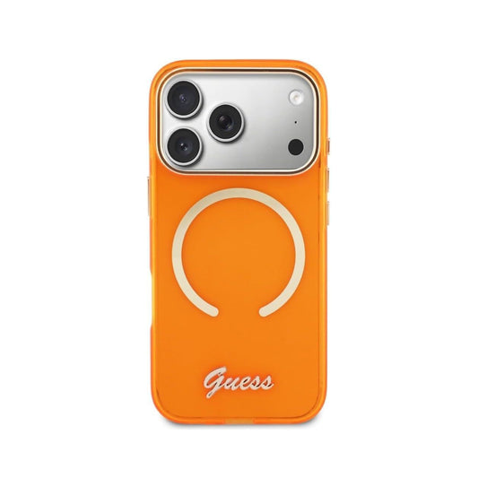 GUESS Funda IML con Inscripción de Metal para iPhone 17 Pro Max Compatible con MagSafe y Protección Anticaídas, Naranja