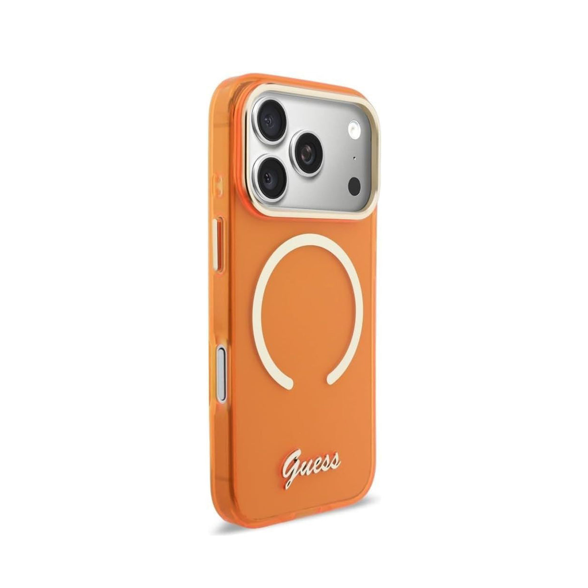 GUESS Funda IML con Inscripción de Metal para iPhone 17 Pro Max/18 Pro Max Compatible con MagSafe y Protección Anticaídas, Naranja