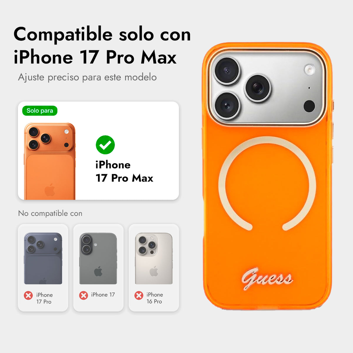 GUESS Funda IML con Inscripción de Metal para iPhone 17 Pro Max/18 Pro Max Compatible con MagSafe y Protección Anticaídas, Naranja