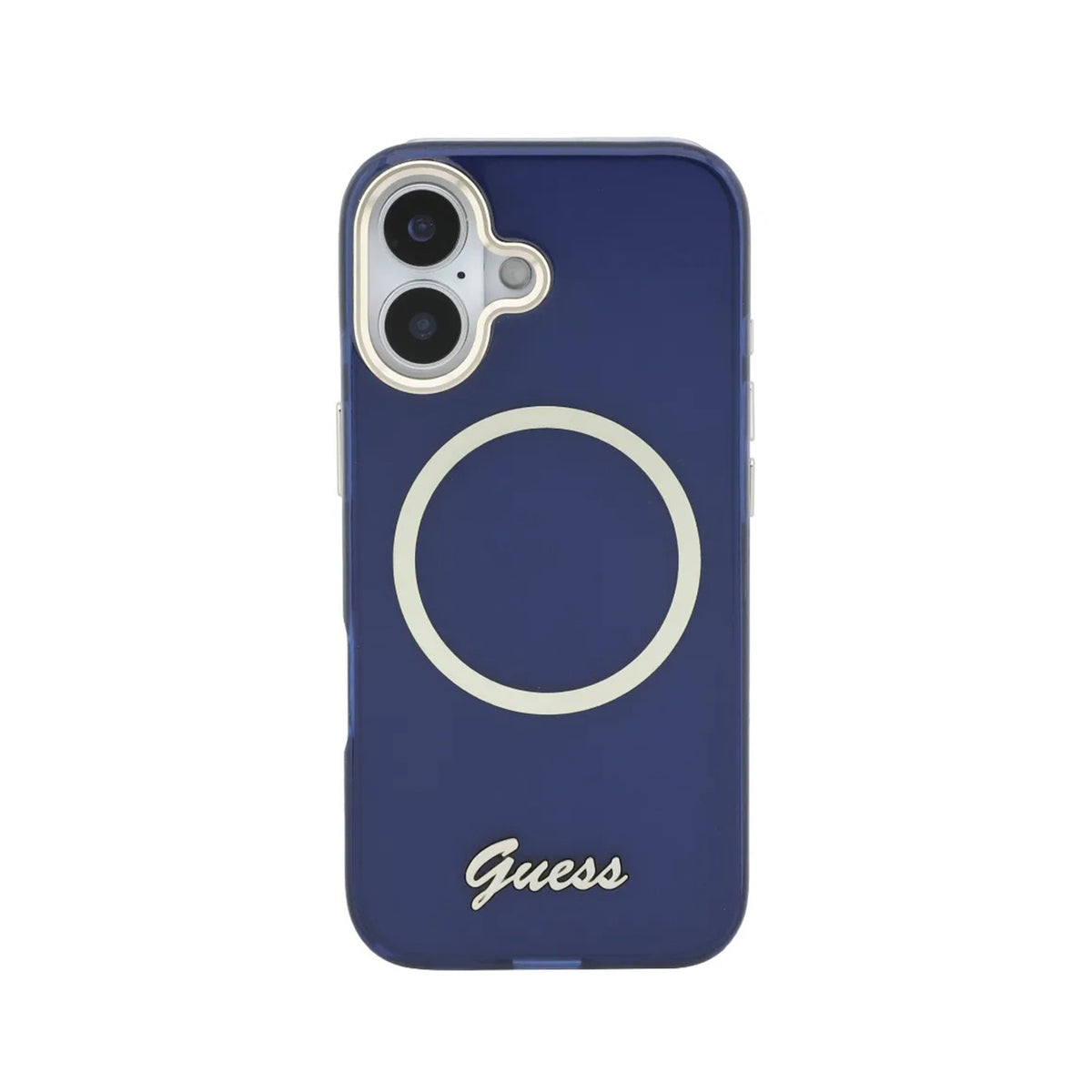 GUESS Funda IML con Inscripción de Metal para iPhone 17 Compatible con MagSafe y Protección Anticaídas, Azul