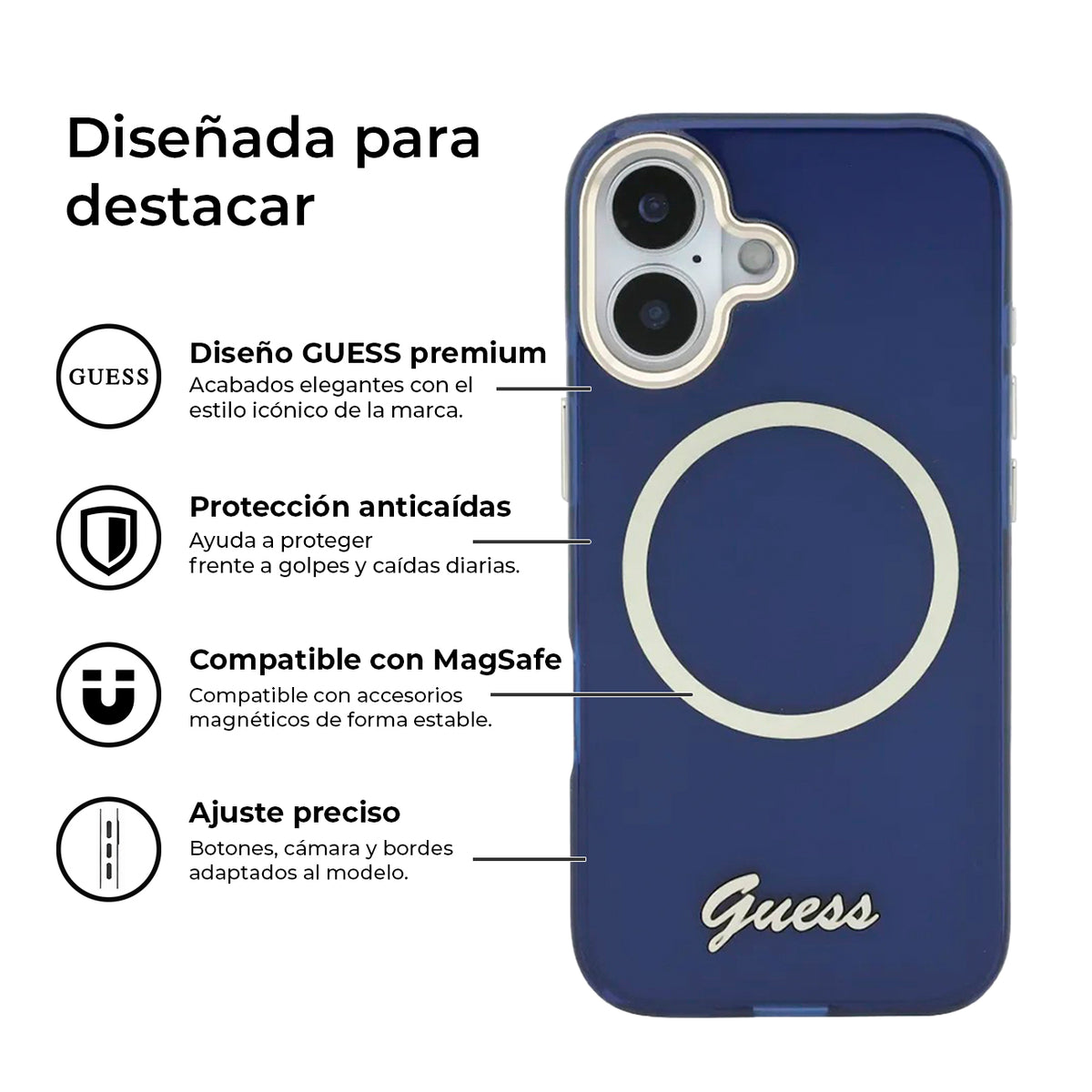 GUESS Funda IML con Inscripción de Metal para iPhone 17 Compatible con MagSafe y Protección Anticaídas, Azul