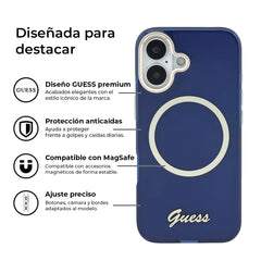 GUESS Funda IML con Inscripción de Metal para iPhone 17 Compatible con MagSafe y Protección Anticaídas, Azul