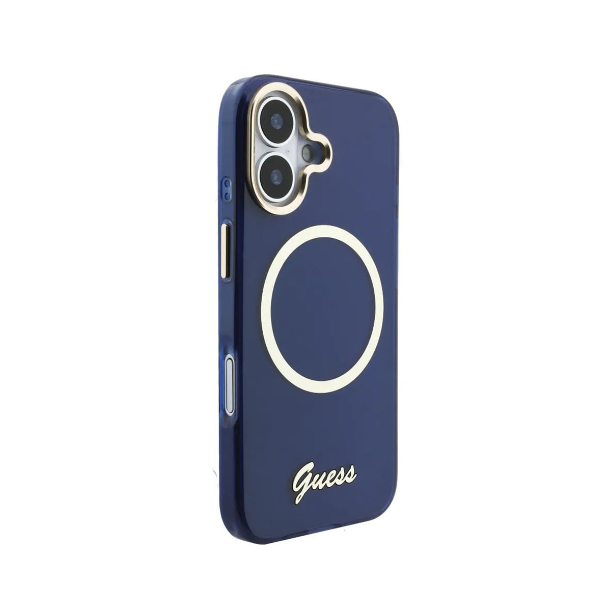 GUESS Funda IML con Inscripción de Metal para iPhone 17 Compatible con MagSafe y Protección Anticaídas, Azul