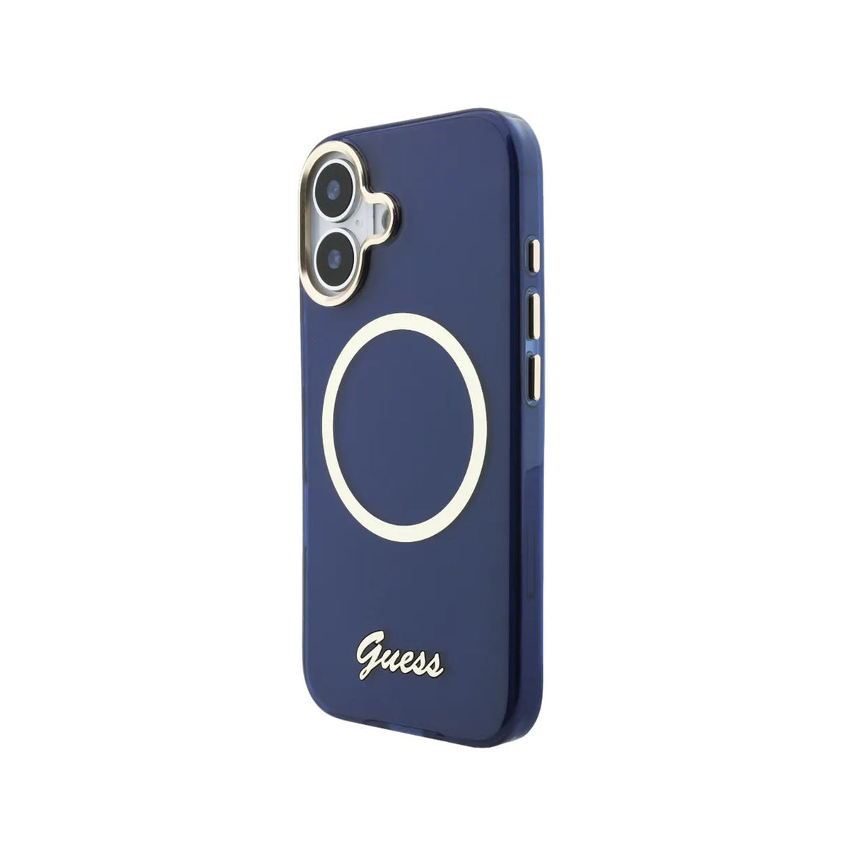 GUESS Funda IML con Inscripción de Metal para iPhone 17 Compatible con MagSafe y Protección Anticaídas, Azul