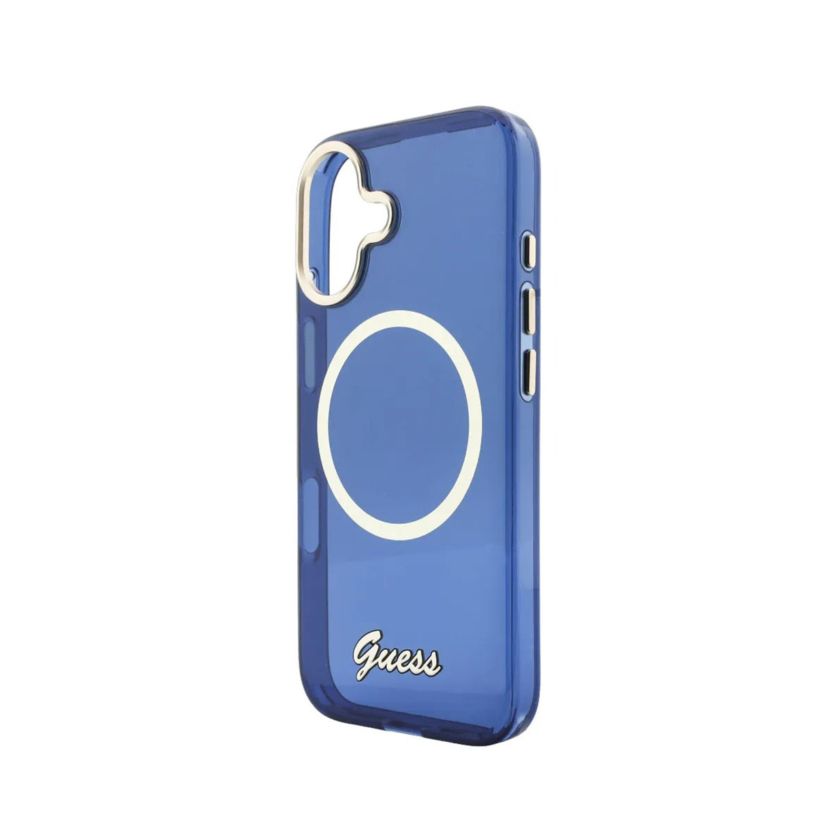 GUESS Funda IML con Inscripción de Metal para iPhone 17 Compatible con MagSafe y Protección Anticaídas, Azul