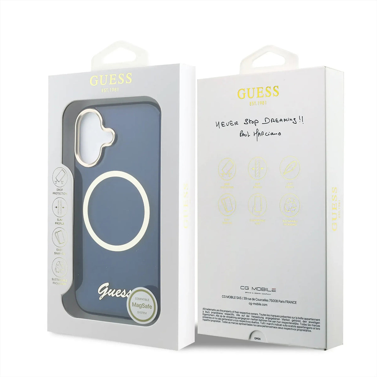 GUESS Funda IML con Inscripción de Metal para iPhone 17 Compatible con MagSafe y Protección Anticaídas, Azul