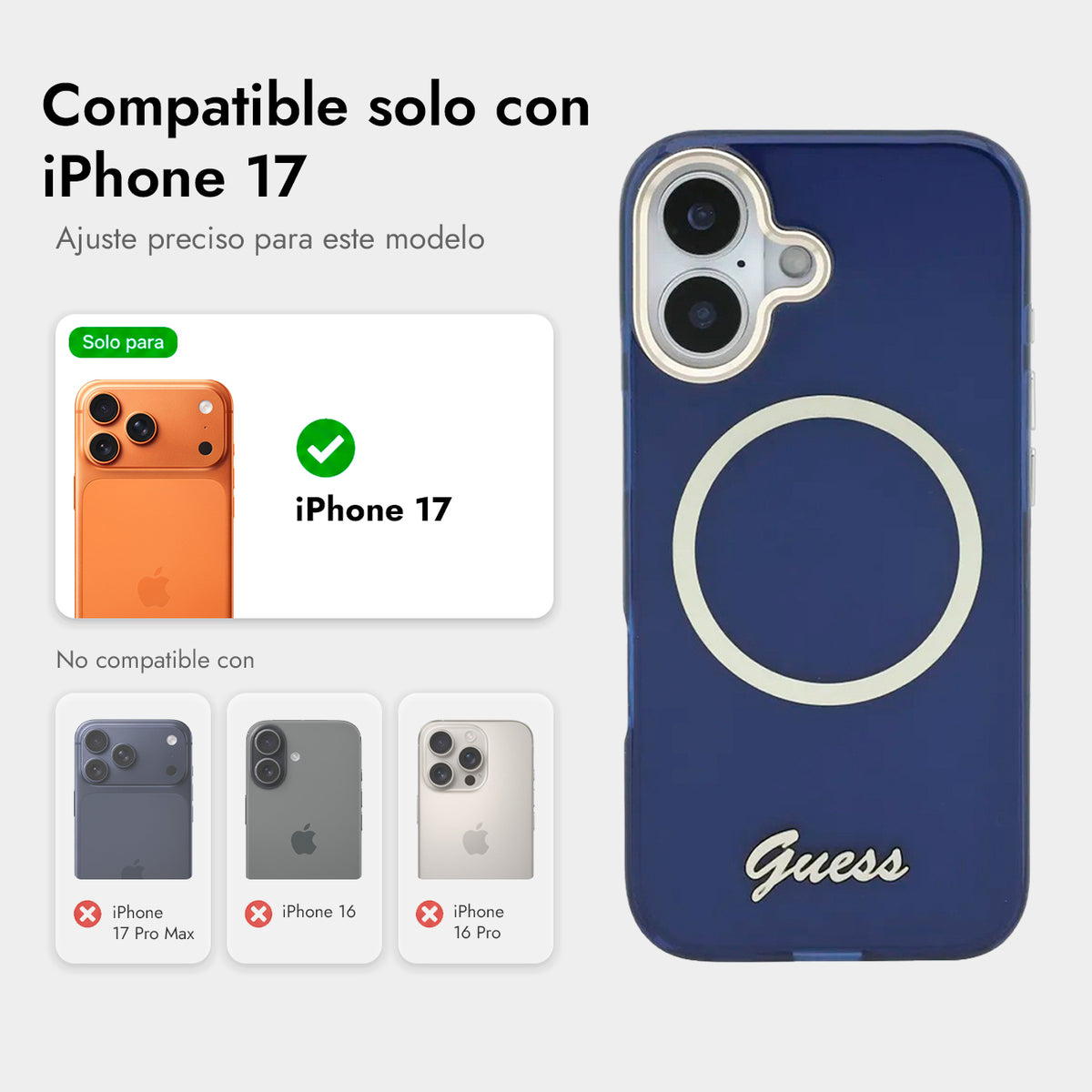 GUESS Funda IML con Inscripción de Metal para iPhone 17 Compatible con MagSafe y Protección Anticaídas, Azul