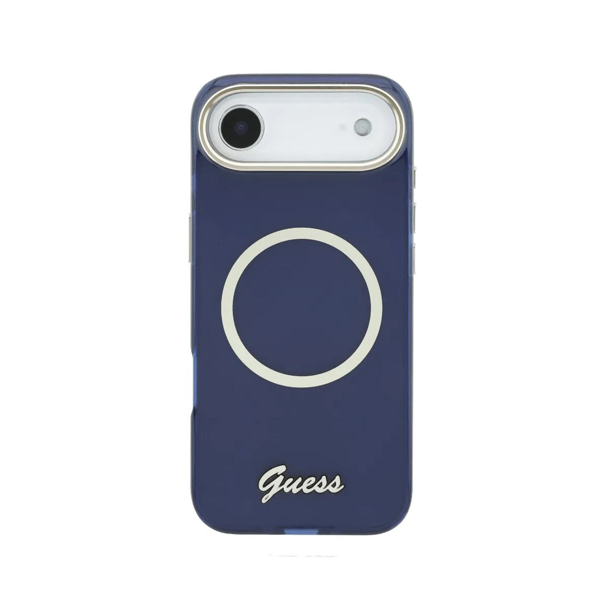 GUESS Funda IML con Inscripción de Metal para iPhone Air Compatible con MagSafe y Protección Anticaídas, Azul