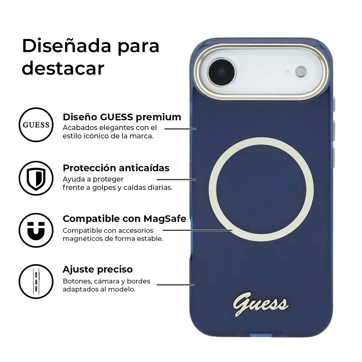 GUESS Funda IML con Inscripción de Metal para iPhone Air Compatible con MagSafe y Protección Anticaídas, Azul
