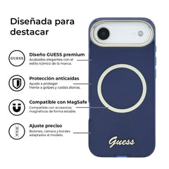 GUESS Funda IML con Inscripción de Metal para iPhone Air Compatible con MagSafe y Protección Anticaídas, Azul