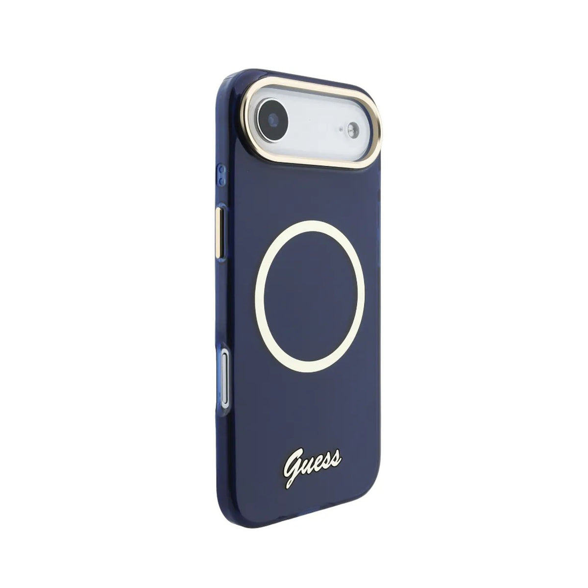 GUESS Funda IML con Inscripción de Metal para iPhone Air Compatible con MagSafe y Protección Anticaídas, Azul