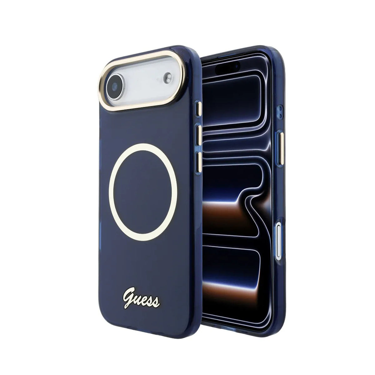 GUESS Funda IML con Inscripción de Metal para iPhone Air Compatible con MagSafe y Protección Anticaídas, Azul