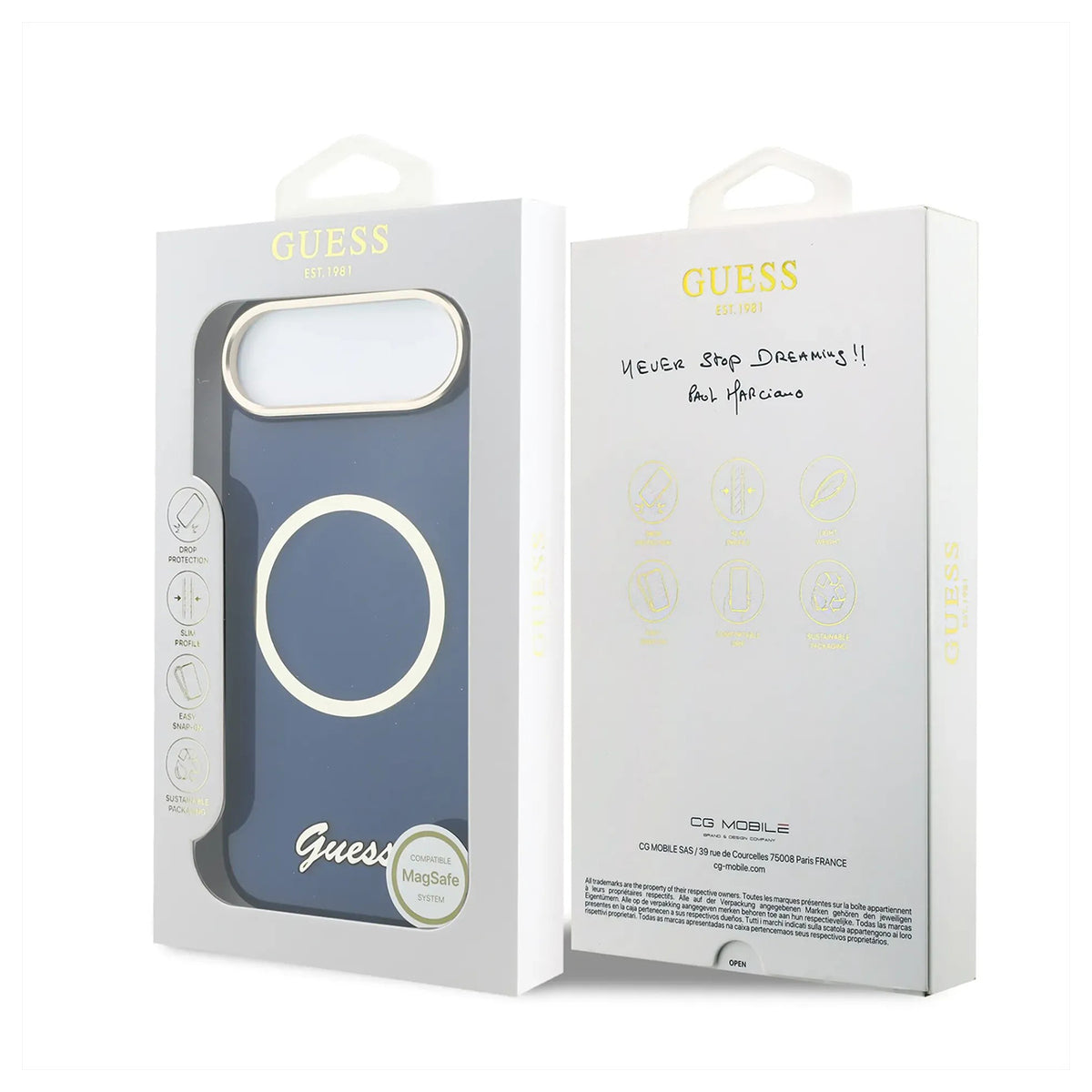 GUESS Funda IML con Inscripción de Metal para iPhone Air Compatible con MagSafe y Protección Anticaídas, Azul