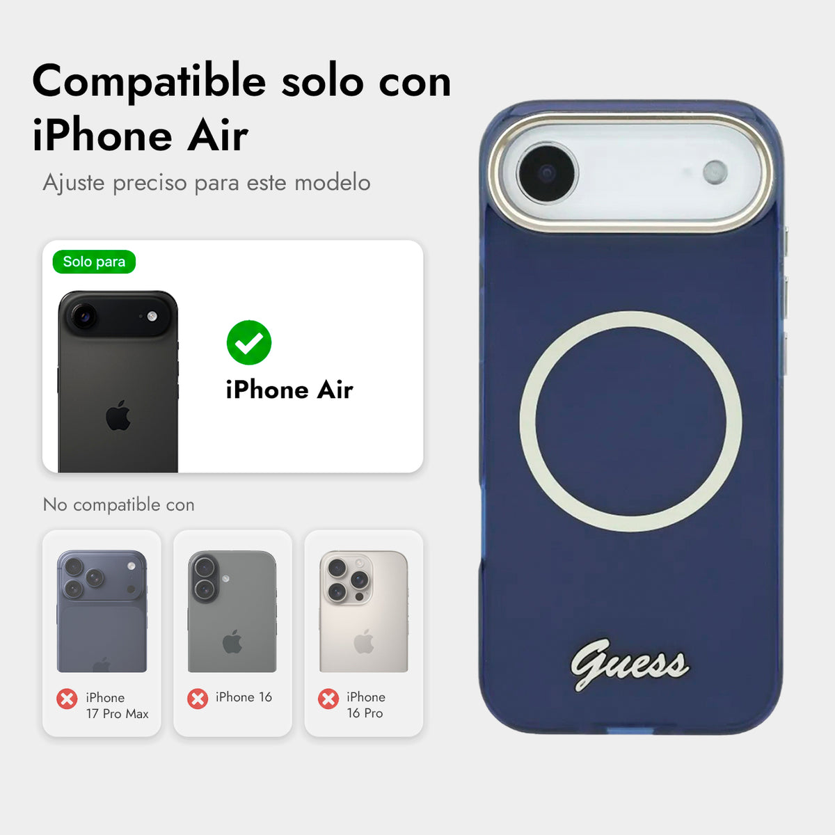 GUESS Funda IML con Inscripción de Metal para iPhone Air Compatible con MagSafe y Protección Anticaídas, Azul