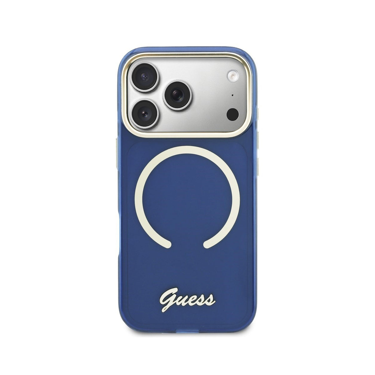 GUESS Funda con Inscripción Metálica para iPhone 17 Pro/18 Pro Compatible con MagSafe, Azul