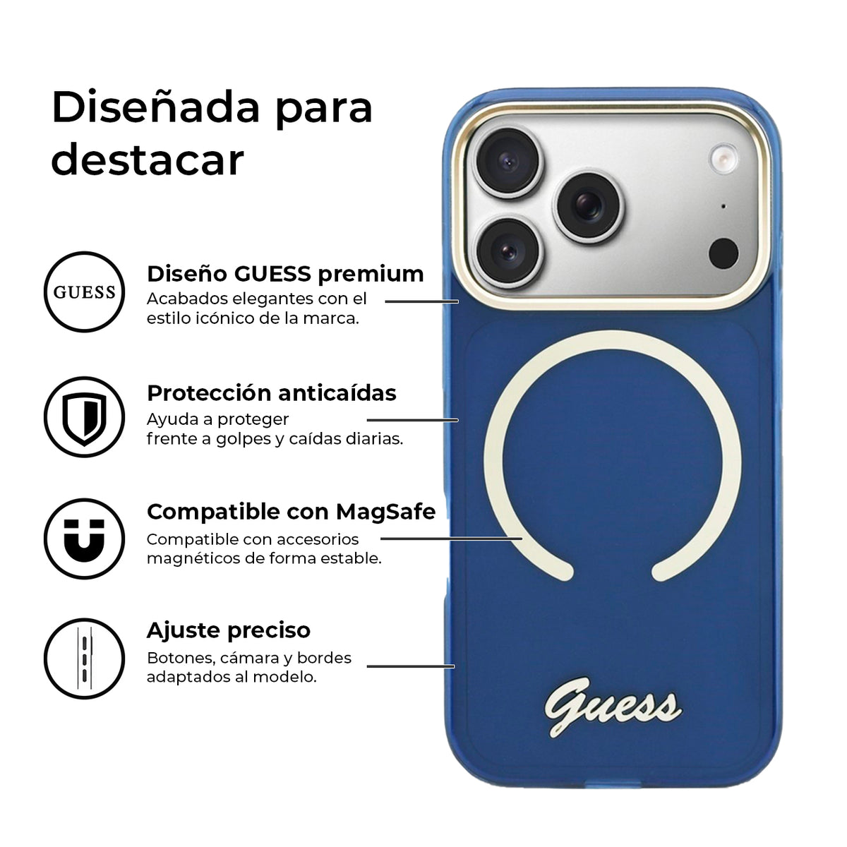 GUESS Funda con Inscripción Metálica para iPhone 17 Pro/18 Pro Compatible con MagSafe, Azul