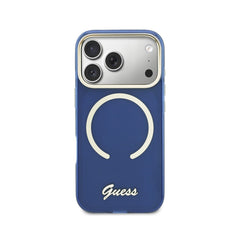 GUESS Funda IML con Inscripción de Metal para iPhone 17 Pro Compatible con MagSafe y Protección Anticaídas, Azul