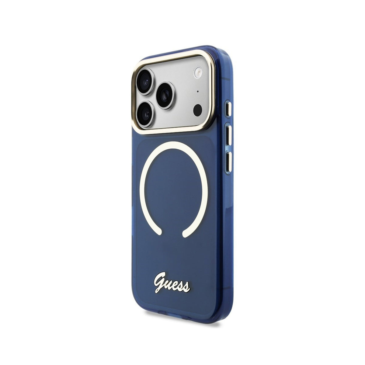 GUESS Funda con Inscripción Metálica para iPhone 17 Pro/18 Pro Compatible con MagSafe, Azul