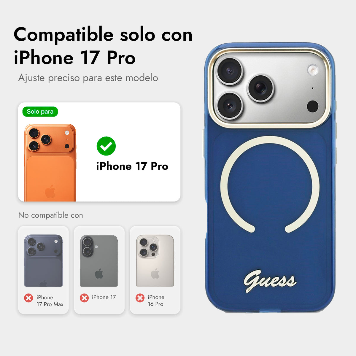 GUESS Funda con Inscripción Metálica para iPhone 17 Pro/18 Pro Compatible con MagSafe, Azul
