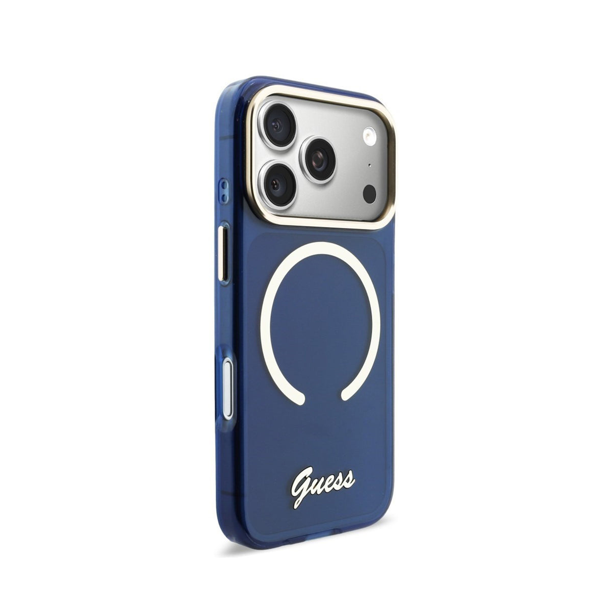 GUESS Funda IML con Inscripción de Metal para iPhone 17 Pro Max/18 Pro Max Compatible con MagSafe y Protección Anticaídas, Azul