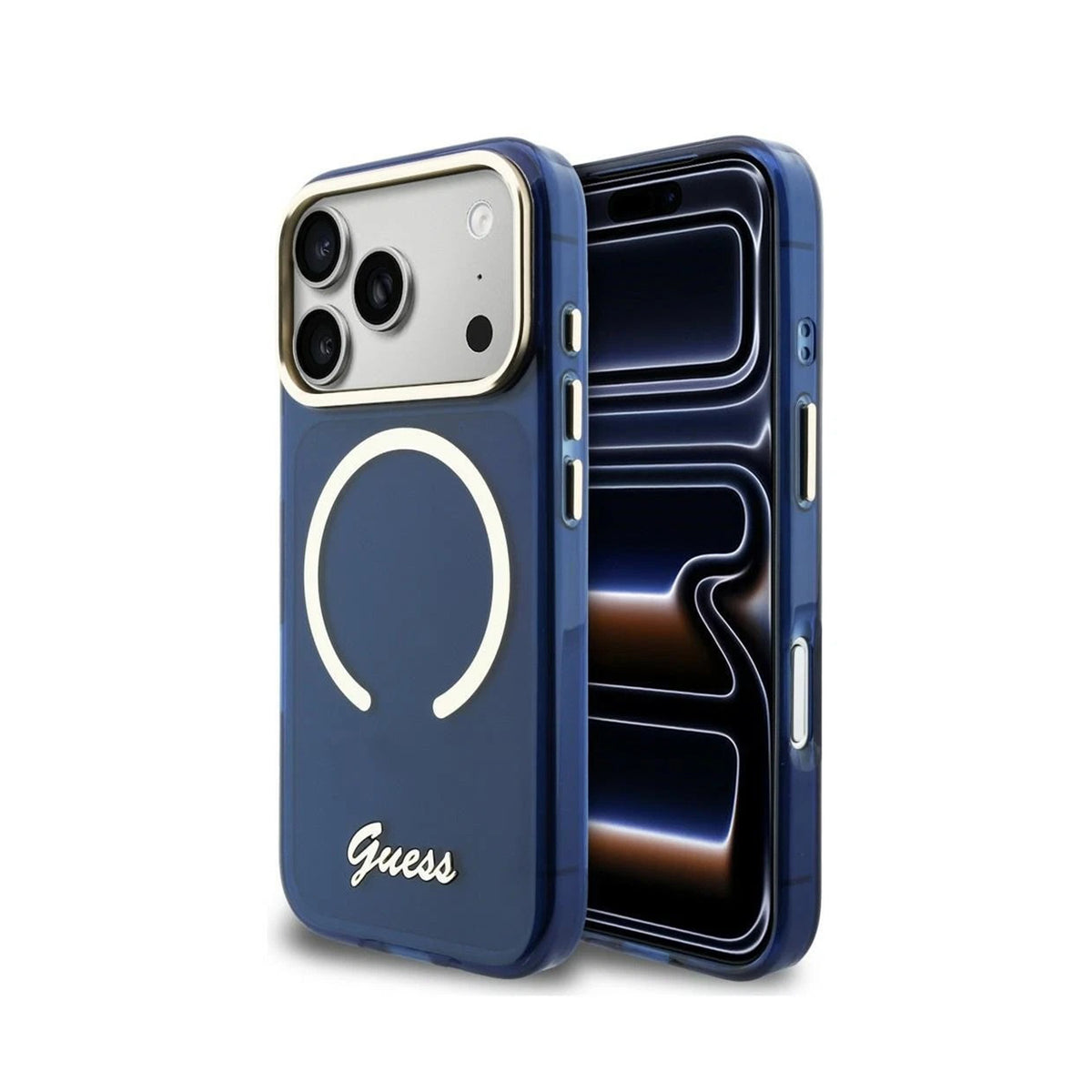 GUESS Funda IML con Inscripción de Metal para iPhone 17 Pro Max/18 Pro Max Compatible con MagSafe y Protección Anticaídas, Azul