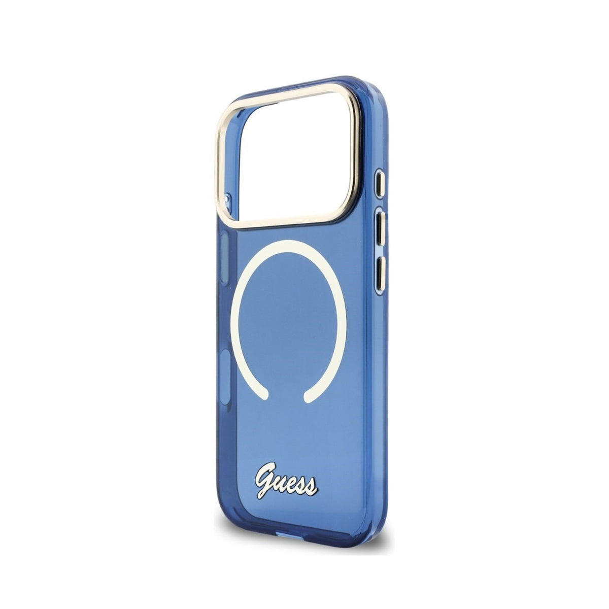 GUESS Funda IML con Inscripción de Metal para iPhone 17 Pro Max/18 Pro Max Compatible con MagSafe y Protección Anticaídas, Azul