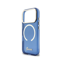 GUESS Funda IML con Inscripción de Metal para iPhone 17 Pro Max Compatible con MagSafe y Protección Anticaídas, Azul