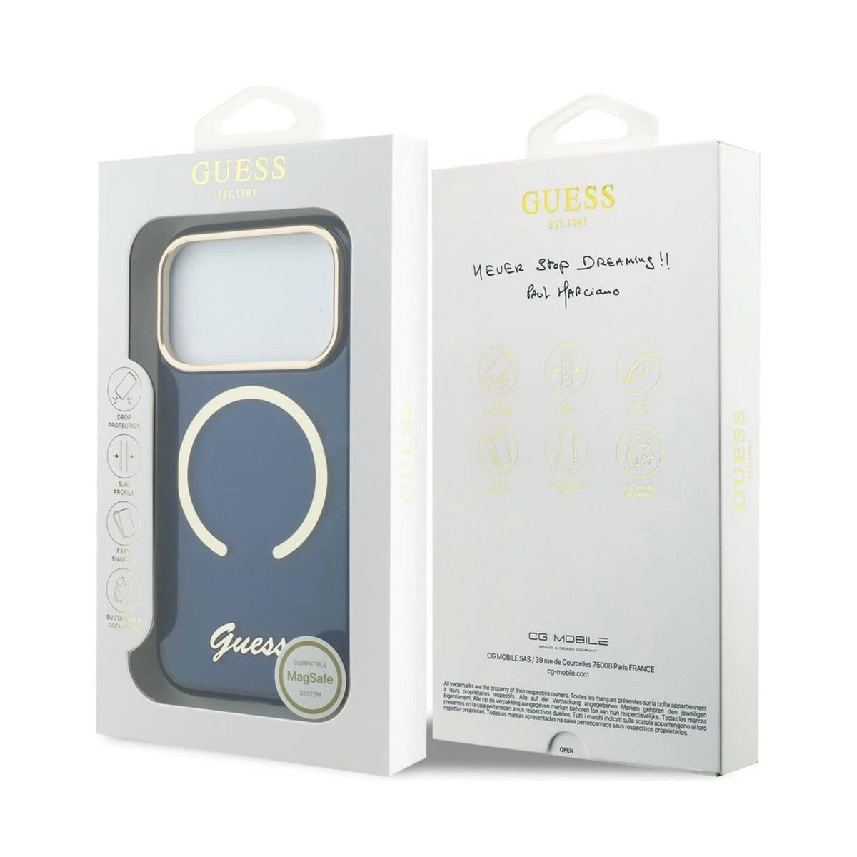 GUESS Funda IML con Inscripción de Metal para iPhone 17 Pro Max/18 Pro Max Compatible con MagSafe y Protección Anticaídas, Azul