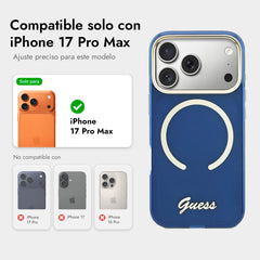 GUESS Funda IML con Inscripción de Metal para iPhone 17 Pro Max Compatible con MagSafe y Protección Anticaídas, Azul
