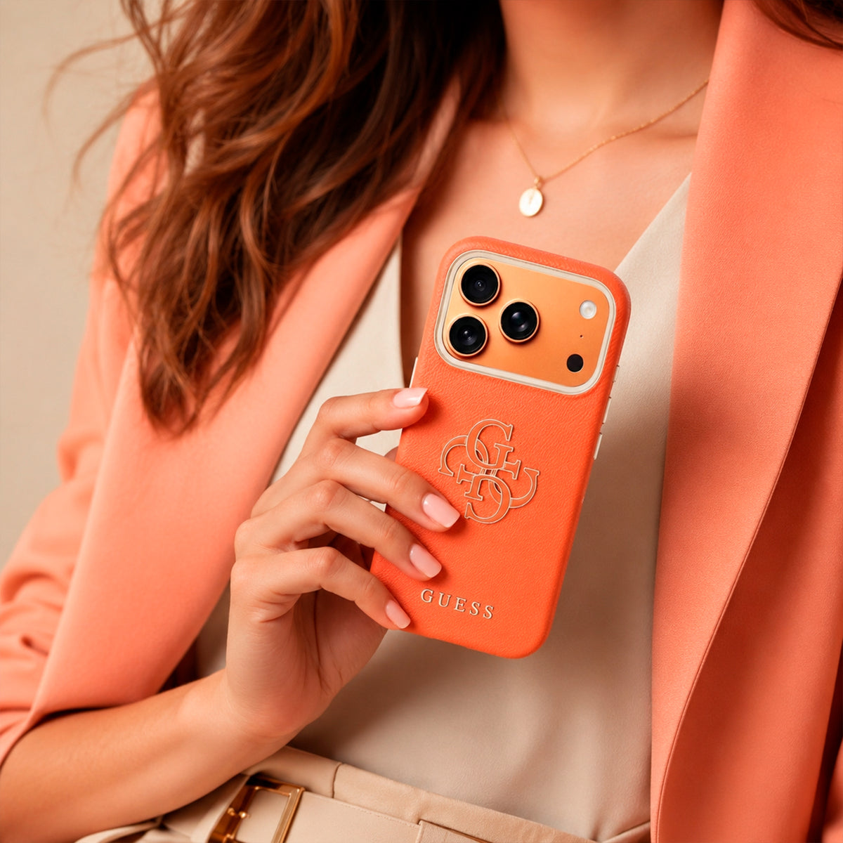 Guess iPhone 17 Pro Case – Orange Leather Effect Case with Guess Logo, Drop Protection and Precise Fit