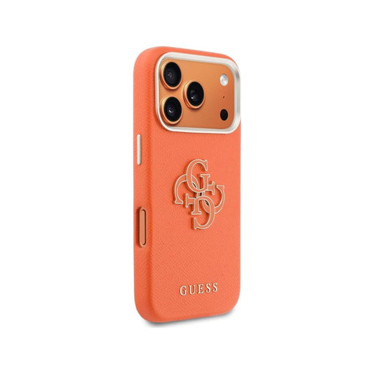 Guess Funda para iPhone 17 Pro Max – Carcasa Efecto Piel Naranja con Logo Guess, Protección Anticaídas y Ajuste Preciso