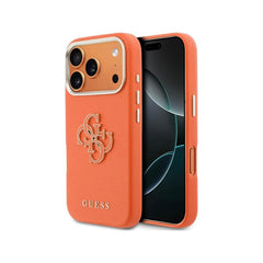 Guess Funda para iPhone 17 Pro – Carcasa con Efecto Piel Naranja con Logo Guess, Protección Anticaídas y Ajuste Preciso