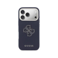 Guess Funda Efecto Piel Logo Clásico para iPhone 17 Pro Max con Protección Anticaídas, Azul