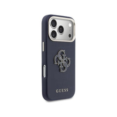Guess Funda para iPhone 17 Pro – Carcasa con Efecto Piel Azul con Logo Guess, Protección Anticaídas y Ajuste Preciso