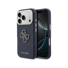 Guess Funda para iPhone 17 Pro – Carcasa con Efecto Piel Azul con Logo Guess, Protección Anticaídas y Ajuste Preciso