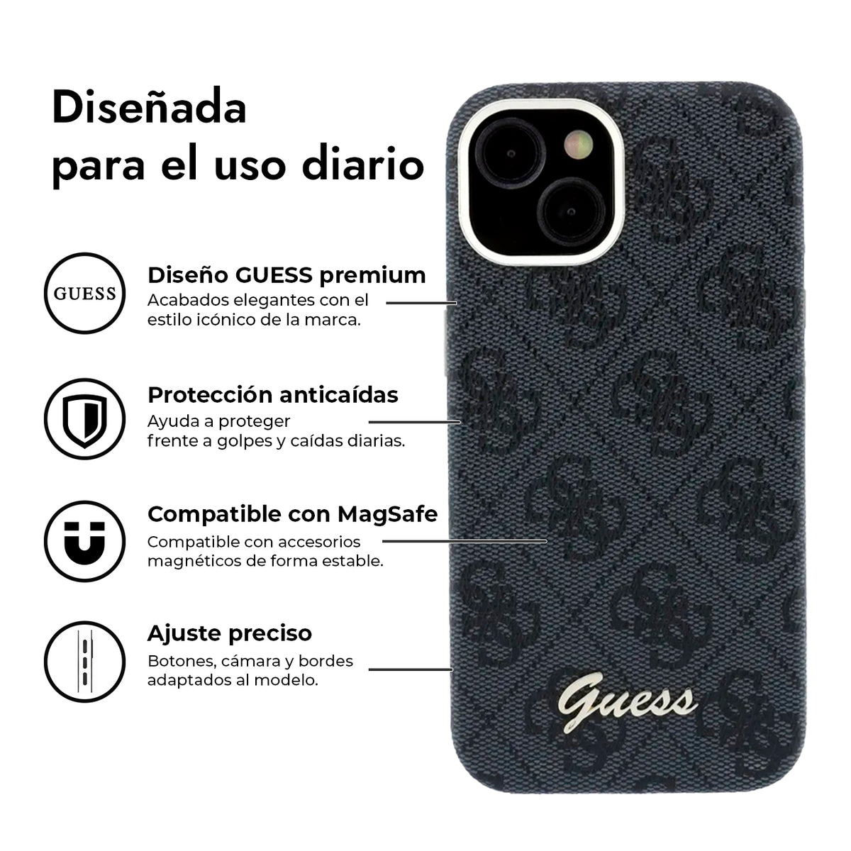 GUESS Funda de Polipiel Logo en Relieve para iPhone 14 Compatible con MagSafe y Protección Anticaídas, Negra