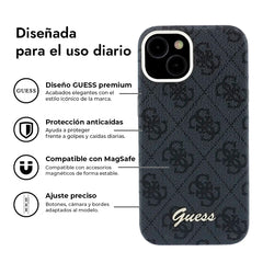 GUESS Funda de Polipiel Logo en Relieve para iPhone 14 Compatible con MagSafe y Protección Anticaídas, Negra