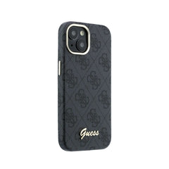GUESS Funda de Polipiel Logo en Relieve para iPhone 14 Compatible con MagSafe y Protección Anticaídas, Negra