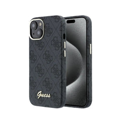 GUESS Funda de Polipiel Logo en Relieve para iPhone 14 Compatible con MagSafe y Protección Anticaídas, Negra