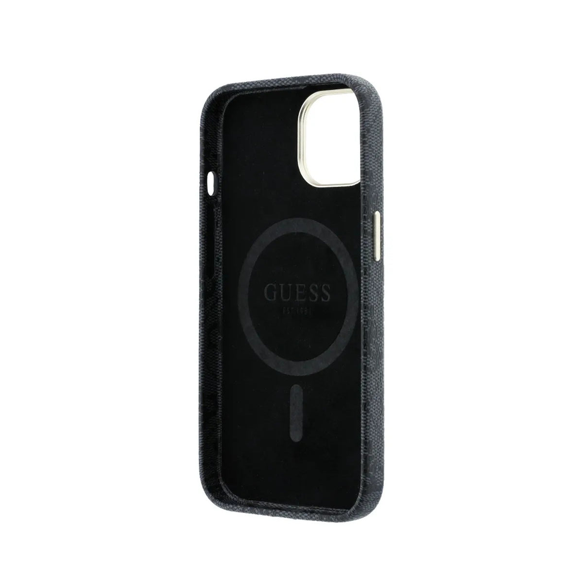 GUESS Funda de Polipiel Logo en Relieve para iPhone 14 Compatible con MagSafe y Protección Anticaídas, Negra