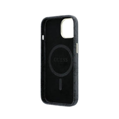 GUESS Funda de Polipiel Logo en Relieve para iPhone 14 Compatible con MagSafe y Protección Anticaídas, Negra